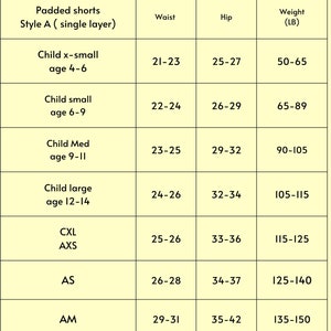 May include: A size chart for padded shorts in style A, showing waist, hip, and weight measurements in inches and pounds for different sizes, including child sizes and adult sizes.