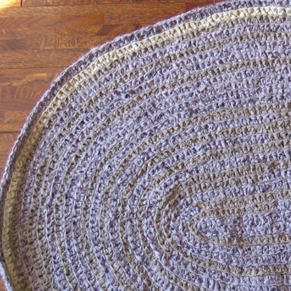 Handmade - Crochet -  Rag Rug / Lt. Browns - purples     w/beige & lt. purple border    32  x  40  Oval