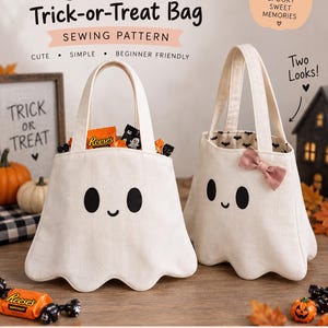 May include: Two off-white canvas trick-or-treat bags shaped like ghosts with black oval eyes and small smiles. One bag features a small pink bow. The text reads Ghost Trick-or-Treat Bag, Sewing Pattern, Cute, Simple, Beginner Friendly, Two Looks!