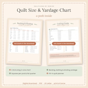 May include: A digital Quilt Size & Yardage Chart PDF document featuring two pages titled Backing & Binding and Cutting Guide. The pages include tables for quilt sizes, yardage, and squares, with buttons labeled full charts in the download.