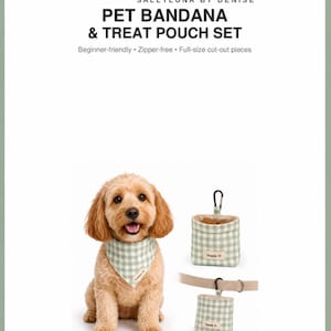 May include: A pet bandana and treat pouch set by SALLYLUNA BY DENISE. The set includes a light green and white gingham bandana worn by a golden-colored dog, and a matching gingham treat pouch with a black carabiner and a label reading Treats.
