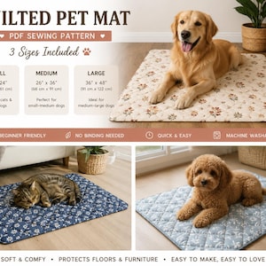 May include: A PDF sewing pattern for a quilted pet mat in three sizes: small 19 inches by 24 inches, medium 26 inches by 36 inches, and large 36 inches by 48 inches. The pattern features a diamond-stitched design with floral patterns.