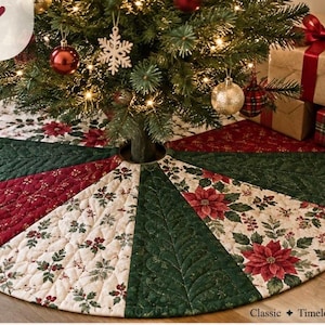 May include: A quilted Christmas tree skirt featuring alternating panels of dark green, deep red, and a cream fabric with a poinsettia and holly print. The pattern includes text indicating three sizes: 36 inches, 48 inches, and 60 inches.