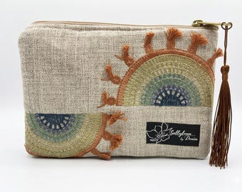 Artisanal Embroidered Wristlet Textured MultiColor Zippered Clutch