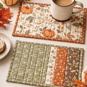 May include: Two rectangular quilted fabric placemats. The top placemat features a pattern of orange pumpkins, autumn leaves, and berries on a cream background with a rust-coloured border. The bottom placemat has vertical panels of sage green, floral, and brown fabric.