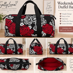 Könnte beinhalten: Eine schwarze Reisetasche mit einem Muster aus roten Rosen und weißen Paisley-Elementen, schwarzen Griffen und einem Reißverschluss. Die fertige Größe beträgt 50,8 cm Länge, 27,9 cm Breite und 25,4 cm Höhe. Das Innere ist mit rotem Stoff ausgekleidet.