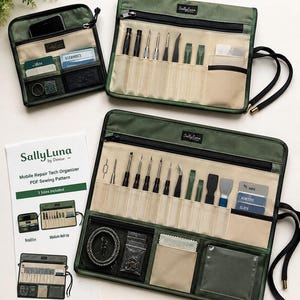 May include: Three olive green and beige fabric organizers with black zippers and straps. The organizers feature multiple interior pockets and slots filled with various small repair tools, including screwdrivers, pry bars, and cards. A paper pattern guide is included.