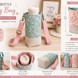 May include: A cylindrical water bottle sling bag featuring a floral pattern in blue, pink, and green, with a solid beige base and a pink adjustable strap. The bag measures 6.3 inches in height and 3.15 inches in width and depth, with a front pocket.