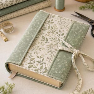 May include: A fabric book cover featuring a sage green and cream botanical leaf pattern. The cover includes solid sage green side panels, a matching fabric tie closure, and a cream-colored ribbon bookmark extending from the bottom edge.