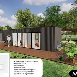 May include: A rendering of an 80 ft container design project. The black container home is 12 meters wide, with large glass doors and a wooden deck. The image includes a floor plan and lists detailed construction plans.