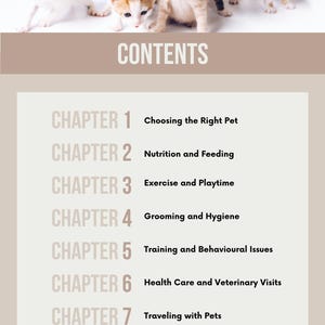 May include: A group of adorable kittens of various colors, including white, orange, and black, are featured above the word "CONTENTS". The book's table of contents lists chapters on pet care, including choosing a pet, nutrition, exercise, grooming, and adoption.