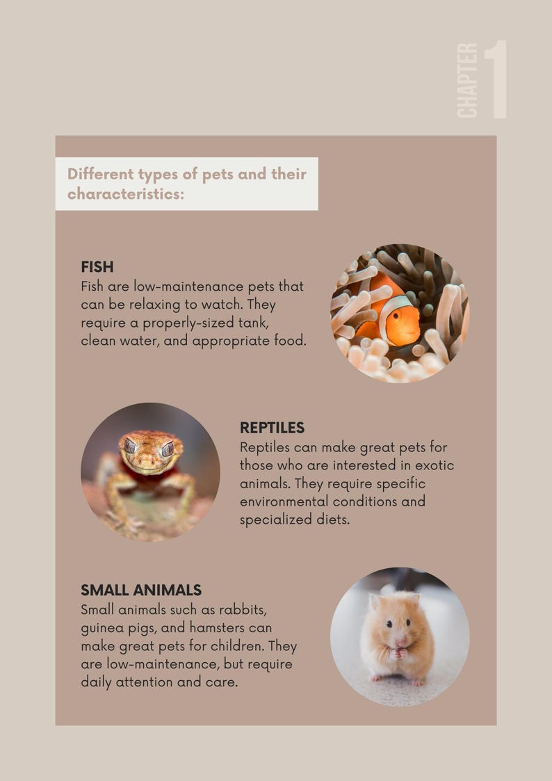 May include: Educational graphic about different types of pets. Includes images of a clownfish, a reptile, and a hamster. Text describes fish, reptiles, and small animals, highlighting their characteristics and care requirements.