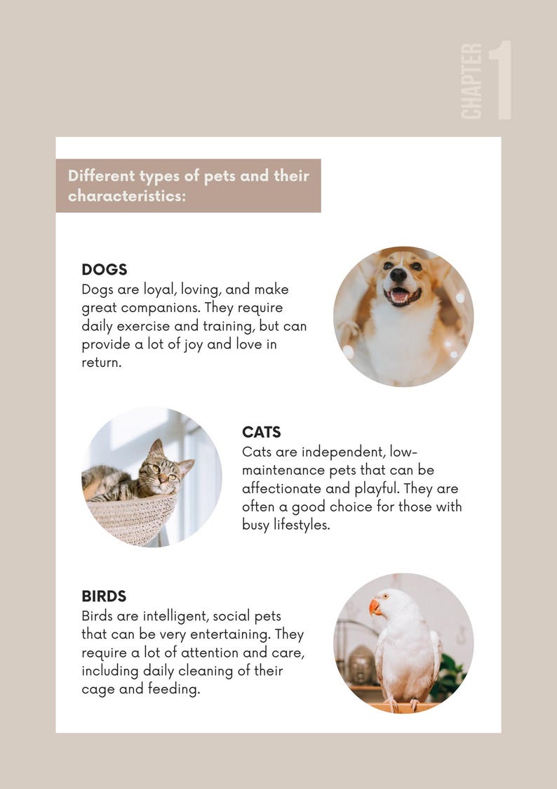 May include: A page from a book titled "Chapter 1" with information about different types of pets. The page includes descriptions of dogs, cats, and birds, along with corresponding images of each animal.