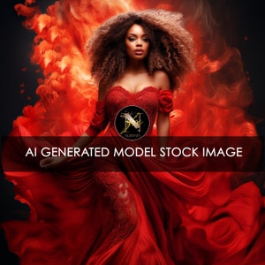 May include: A woman in a red, lace-trimmed gown with a rose detail stands against a fiery orange background. The gown has a sweetheart neckline and a flowing skirt. The background is a blur of orange and red, creating a dramatic effect.