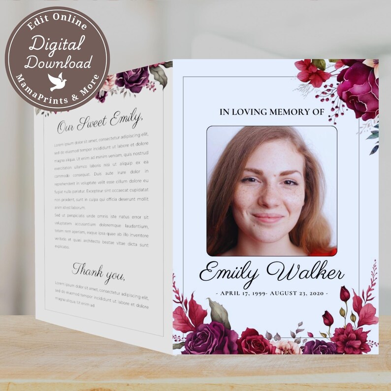 Editable Burgundy Floral Funeral Program Template Modern Celebration