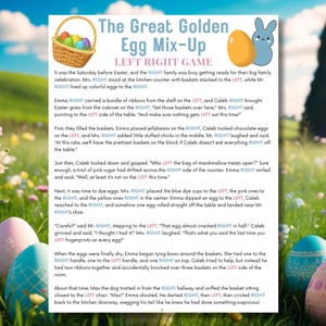 Puede incluir: Una hoja de juego con temática de Pascua titulada "The Great Golden Egg Mix-Up", con ilustraciones de huevos de Pascua, una cesta y un conejito. El juego utiliza las palabras "izquierda" y "derecha".