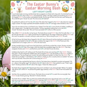 May include: A colorful children's storybook page with the title "The Easter Bunny's Easter Morning Dash." The text describes an Easter egg hunt with the Easter Bunny and Chickie. Decorative elements include Easter eggs and a bunny illustration.