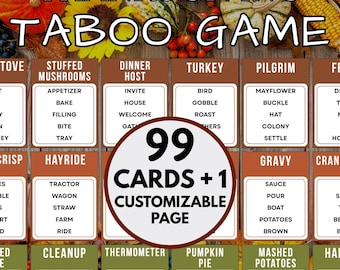 Thanksgiving Taboo Game Printable With 99 Unique Cards | Forbidden Words Game