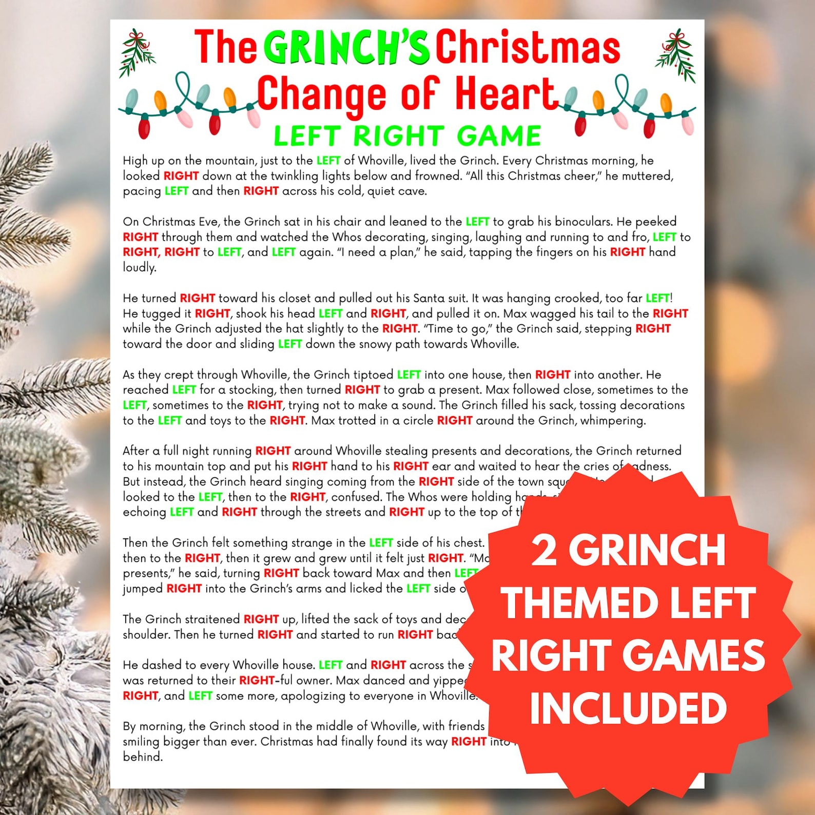 Christmas GRINCH Left Right Game PDF | 2 GRINCH Themed Stories Included ...