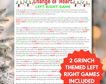 May include: A festive Grinch-themed game sheet with the title "The Grinch's Christmas Change of Heart." The text describes a story with "left" and "right" directions. A red sticker states "2 Grinch themed left right games included."
