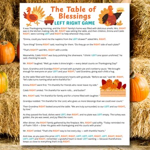May include: A Thanksgiving-themed game sheet titled "The Table of Blessings LEFT RIGHT GAME" with illustrations of turkeys and pumpkins. The text describes a family gathering and gratitude.