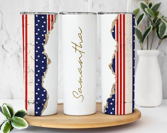 American Flag Tumbler Personalized - Custom Name Tumbler - USA Flag Tumbler with Straw - Patriot Tumbler - 4th of July  - Gift for Her