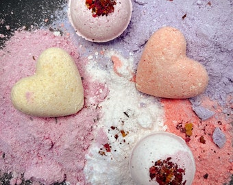 Luxury all-natural Love Bomb bath bomb made with lavender, Epsom salts and organic coconut oil