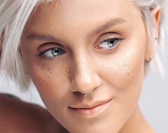 Glitter temporary facial tattoo stickers, Silver freckles Fake Face tattoos for Women and Girls, Peel off temporary tattoo stickers for teen