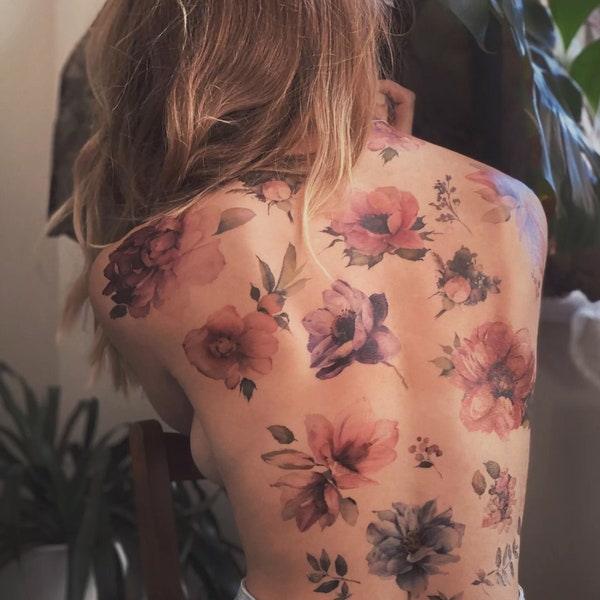 Floral Peony temporary tattoo, Bachelorette tattoos, Temp tattoos, Fake tattoos, Body Flower tattoo, Peony transfer decal, Wildflower tattoo