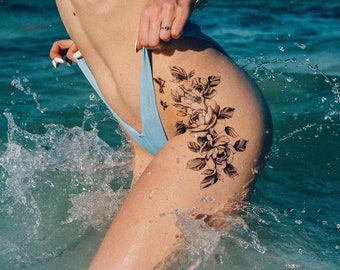 Autocollant temporaire de tatouage de fleur de pivoine Roses, faux tatouages de corps floral, tatouage botanique, tatouages instantanés imperméables et lavables de transfert d'eau