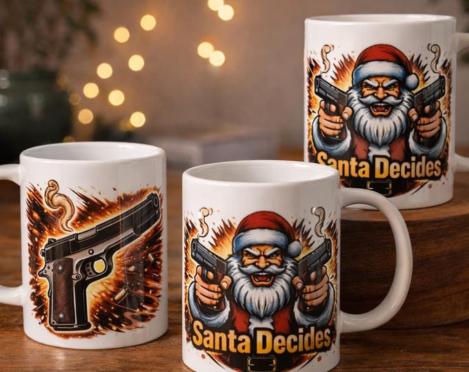 Santa Decides Mug – Dark Humor Christmas Coffee Cup, SantaDecides Collaboration Merchandise