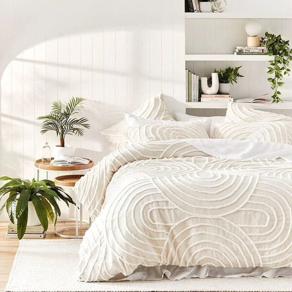 3 Piece Tufted Cotton Duvet Cover Set, White/Ivory Duvet Cover With Pillowcases, super King/Twin XL/ Single Custom Size Comforter Cover Set