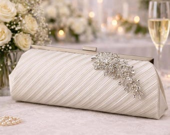 Bridal Clutch Purse Satin Evening Bag Wedding Handbag With Removable Brooch