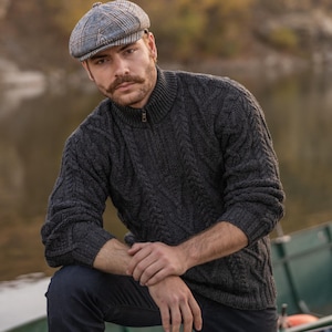 Merino Wool Aran Knit Men&#39;s Zip Sweater | Irish Fisherman Pullover