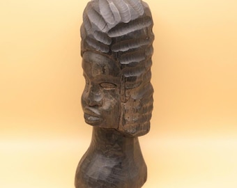 Vintage hand-carved wooden African-style bust sculpture | Tribal folk art head statue | Solid wood decor