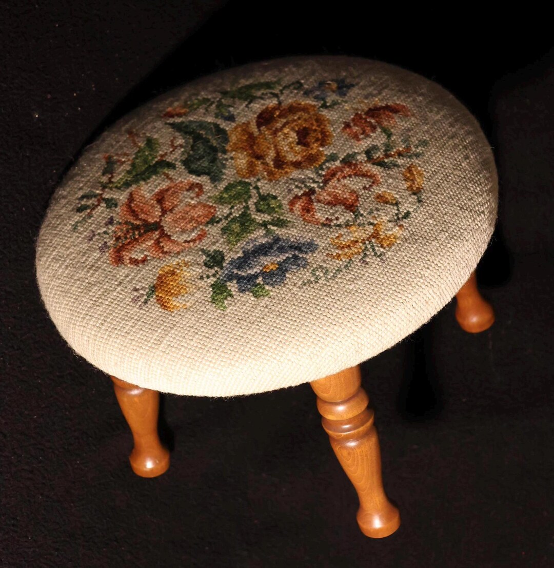 Vintage Needlepoint Footstool – Round Wooden Floral Embroidered, 12 ...