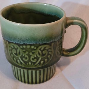 Vintage olive green drip glaze coffee mug made in Japan, stackable ceramic mug, only 1 available