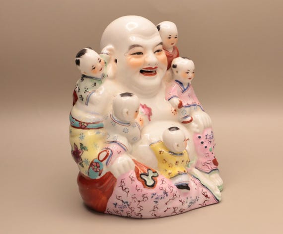 Famille Rose Laughing Buddha Figurine With Children Chinese