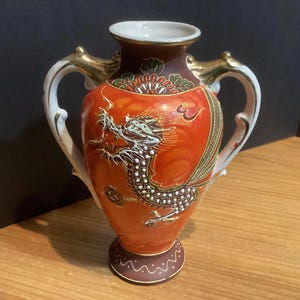 Vintage Japanese Satsuma Dragon Vase – 7” Hand Painted Raised Enamel with Gold Handles – Made in Japan
