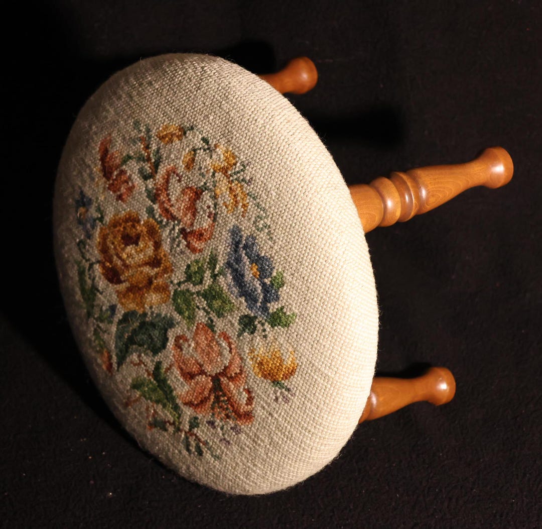 Vintage Needlepoint Footstool – Round Wooden Floral Embroidered, 12 ...