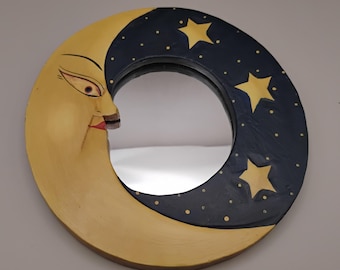 Hand-Painted Crescent Moon Face Mirror | Boho Celestial Wall Decor