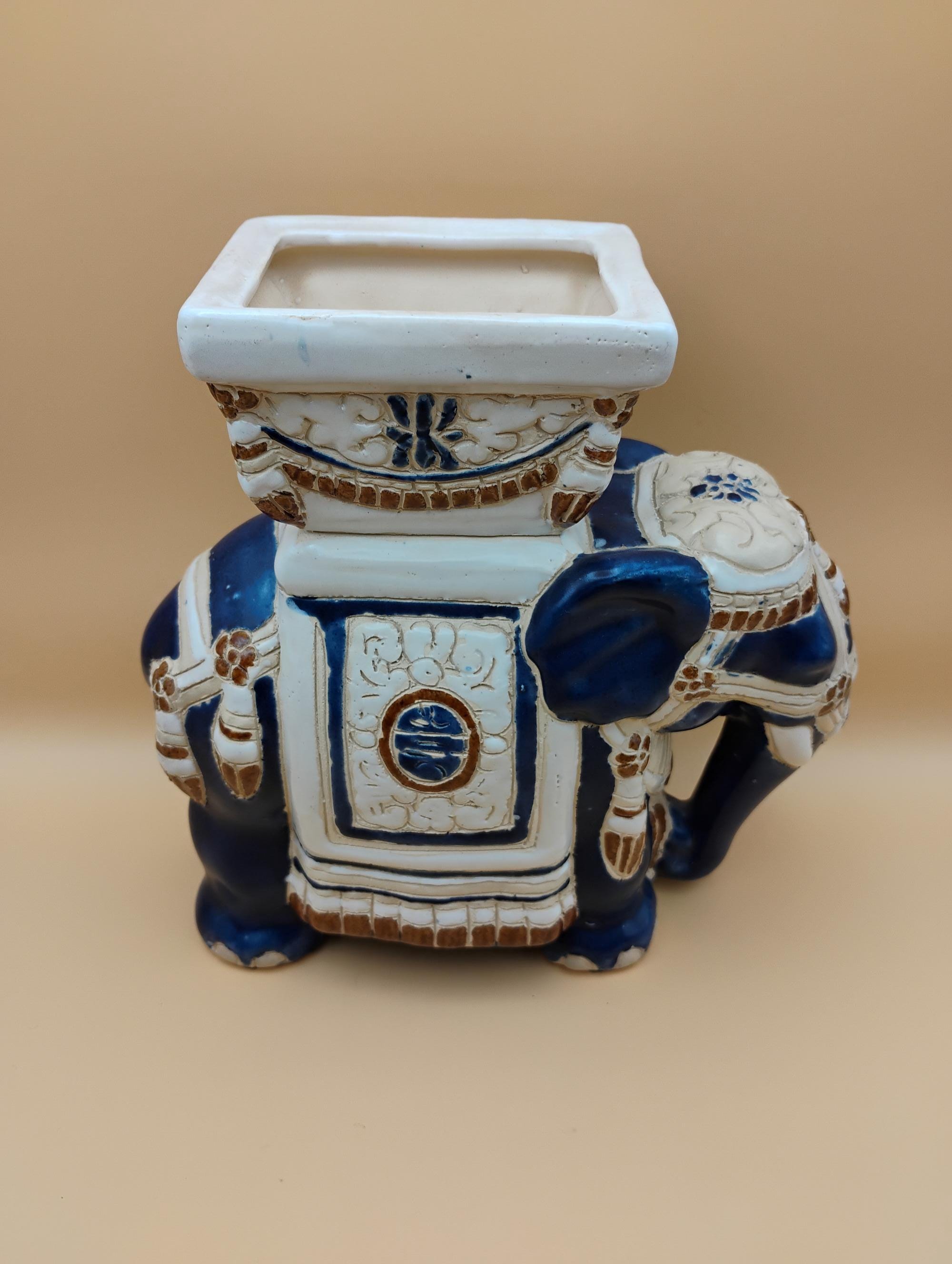 Ceramic Elephant Planter – Blue & White Glazed Elephant Figurine