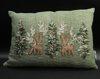 Secret Celebrity Woven Fabric Throw Pillow: Vintage 12x20 Reindeer Embroidered Beaded Holiday Cushion
