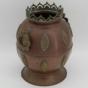 Copper & Brass 13" Pot  Crown Rim, Vintage Indo-Persian Water Urn, Patina Decor