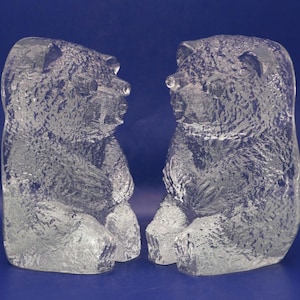 Blenko glass bear bookends – mid century art glass – clear ice textured pair