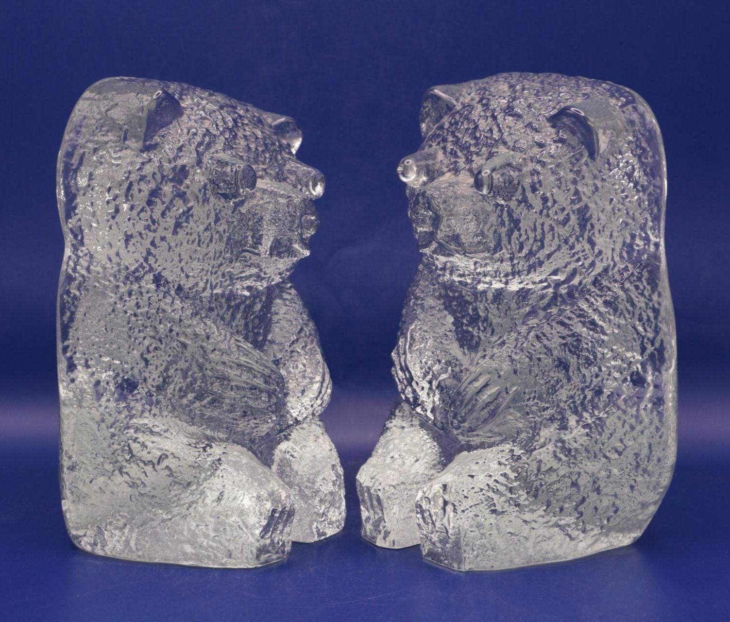 希少なヴィンテージ BLENKO ブレンコガラス 置物 手拭きガラスアメリカ雑貨 Blenko Glass Bear Bookends – Mid Century Art Glass – Clear Ice