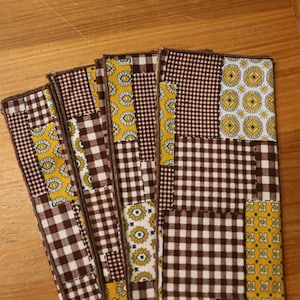 Set of 4 Vintage 70s Patchwork Napkins – Brown, Yellow, and Retro Prints – 16&quot; Square