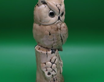 Vintage Ceramic Owl Figurine on Tree Stump | Mid Century Owl Statue | Textured Studio Pottery Style