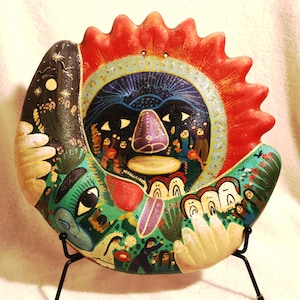 Hand-Painted Mexican Folk Art Moon and Sun Wall Hanging | Colorful Terracotta Sun Face | 9&quot; Vibrant Celestial Decor | Boho Wall Art