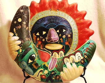 Hand-Painted Terracotta Sun and Moon Wall Hanging | Mexican Folk Art